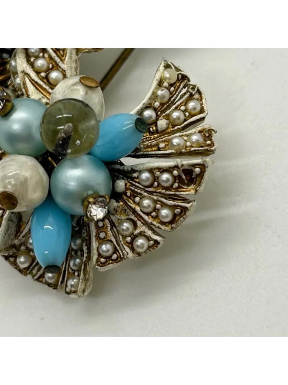 Vintage Coro Pin Brooch With Faux Pearls Faux Turquoise Beads, Floral Bow READ